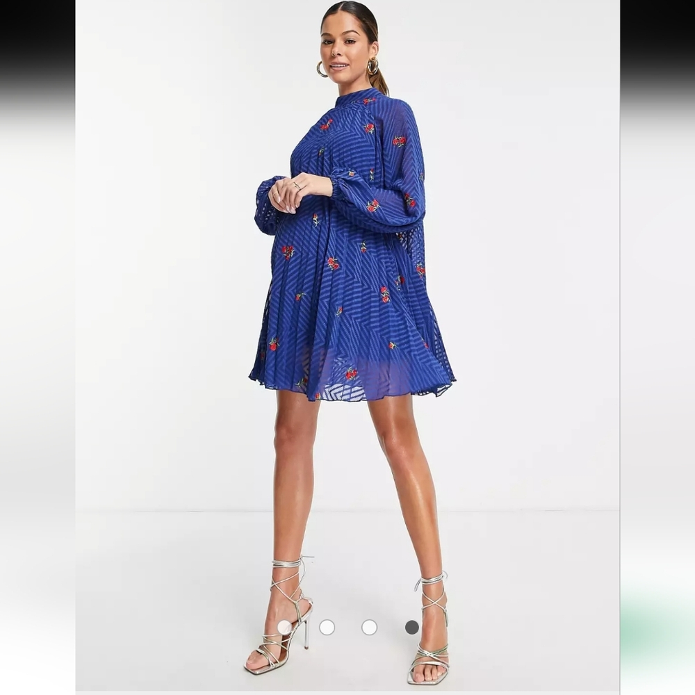 ASOS DESIGN Maternity pleated trapeze mini dress with all over embroidery in nav